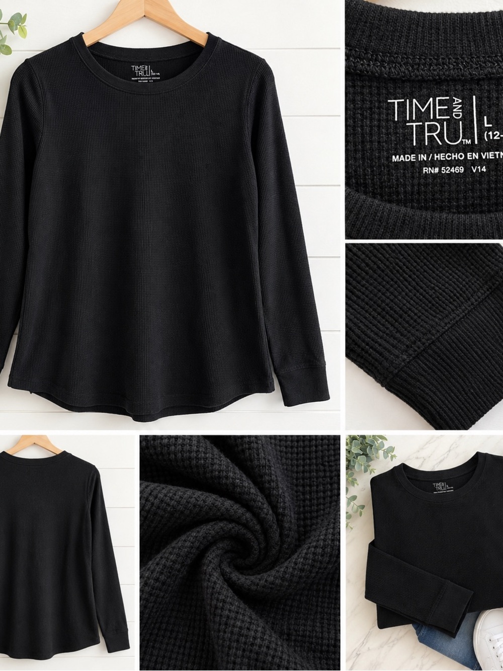Time and Tru Black Waffle-Knit Long Sleeve Crewneck Top